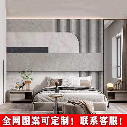 简约高级灰色调床头壁布现代大理石纹格栅墙纸办公室直播间背景墙