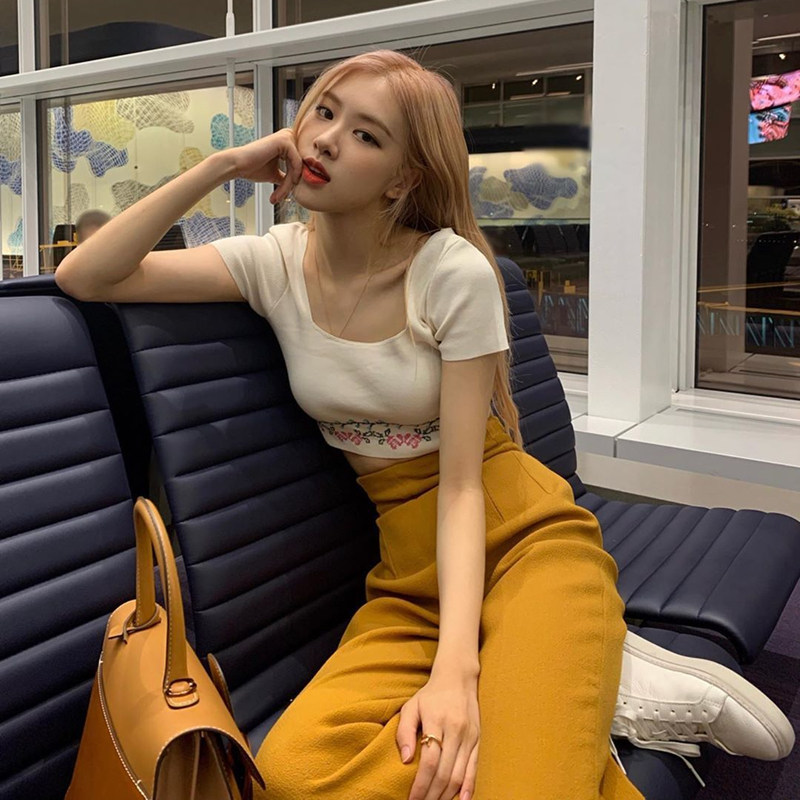 朴彩英同款方领针织高腰短款上衣泫雅风紧身显瘦露脐短袖t恤女夏