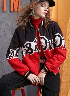 秋冬季洋气短外套女欧洲站2025新款立领印花棒球服短款夹克棉衣潮