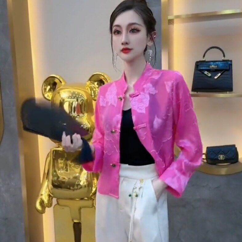新中式玫红系D立体提花设计轻薄立领盘扣防晒外套2026夏季新款女