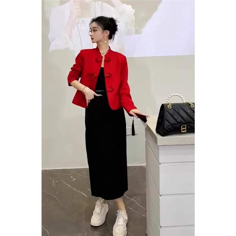 夹棉红色国风外套高级感短款外搭春秋新中式女装复古唐装盘扣上衣