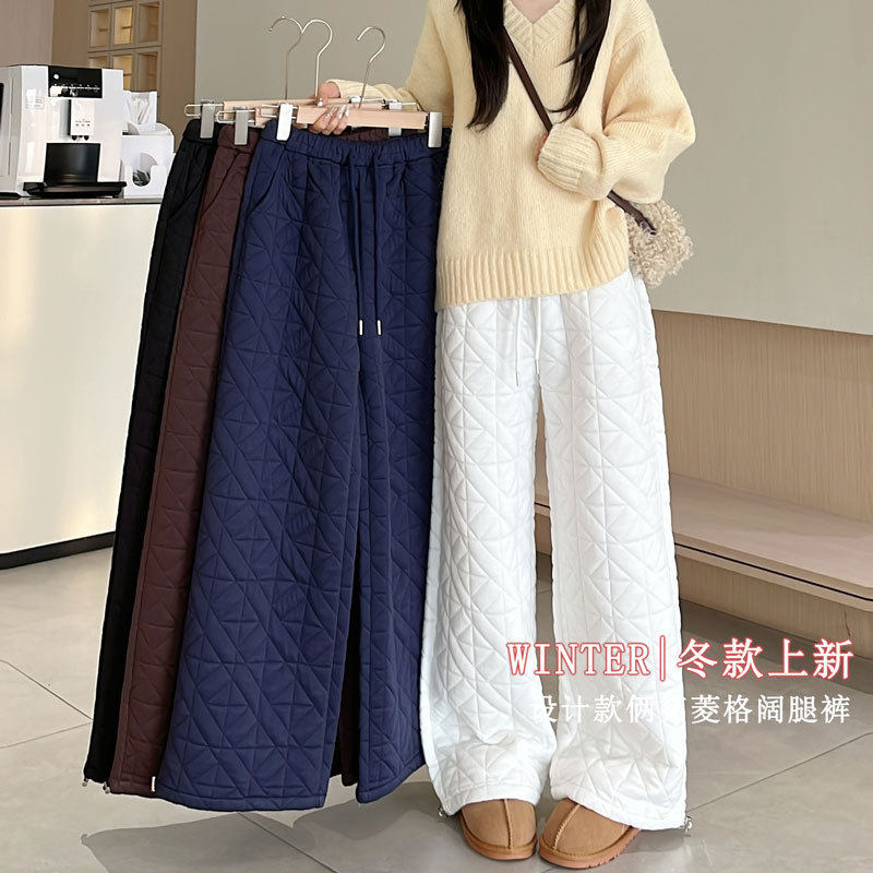 2025新款棉裤女菱格压线夹棉阔腿裤加绒加厚宽松显瘦保暖收口长裤