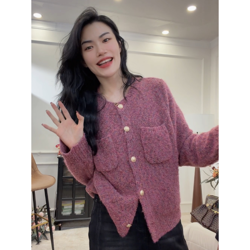 【幻彩】高端个性单排扣针织开衫女秋冬爆款加厚上衣毛衣外套