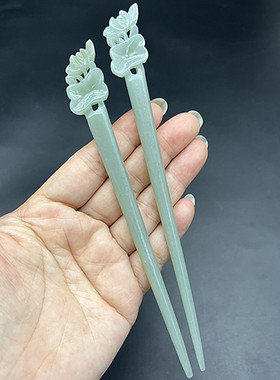 青玉莲花发簪天然和田玉簪子发饰仿古玉钗复古发钗男女款古风玉簪