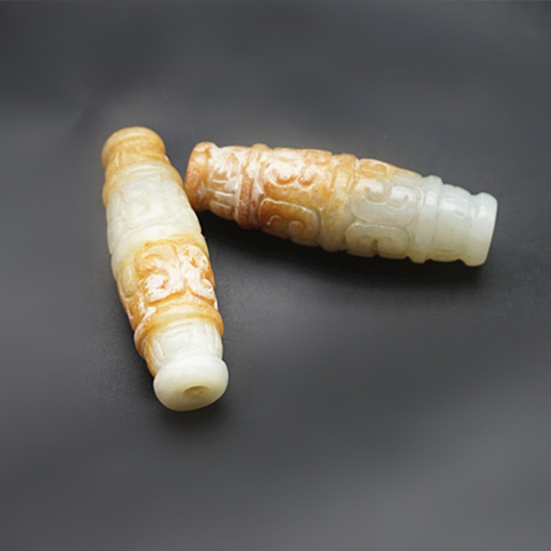 岫玉玉勒子吊坠挂件仿古做旧雕刻回云纹桶珠天地通孔玉佩玉坠配饰