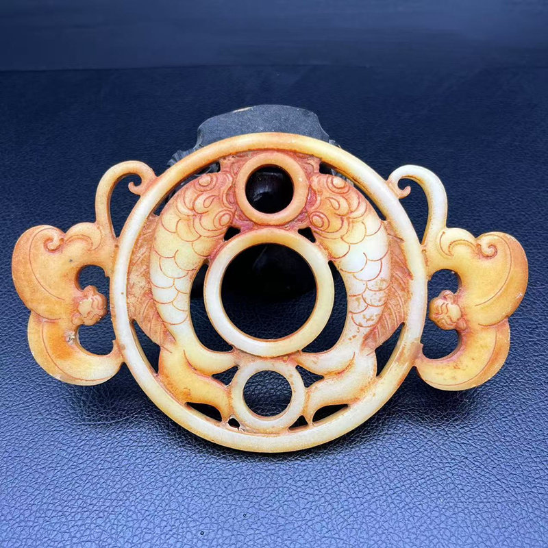 仿古做旧富贵有鱼玉佩玉璧复古双面雕刻富鱼屏风摆件影视拍摄道具