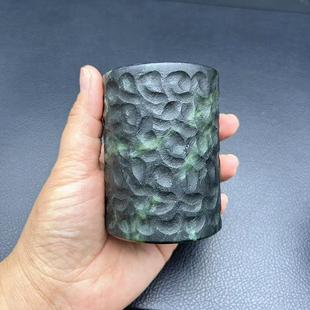 黑绿玉杯子摆件墨绿玉仿古雕刻锤纹磨砂笔筒书桌茶桌玉石摆件饰品