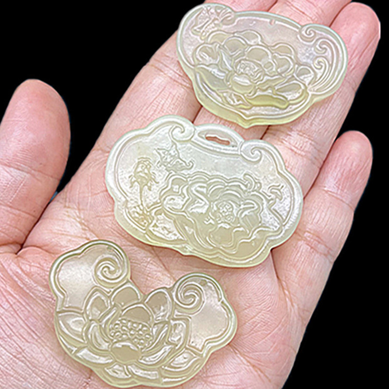 岫玉荷花锁吊坠牡丹锁挂件花朵锁