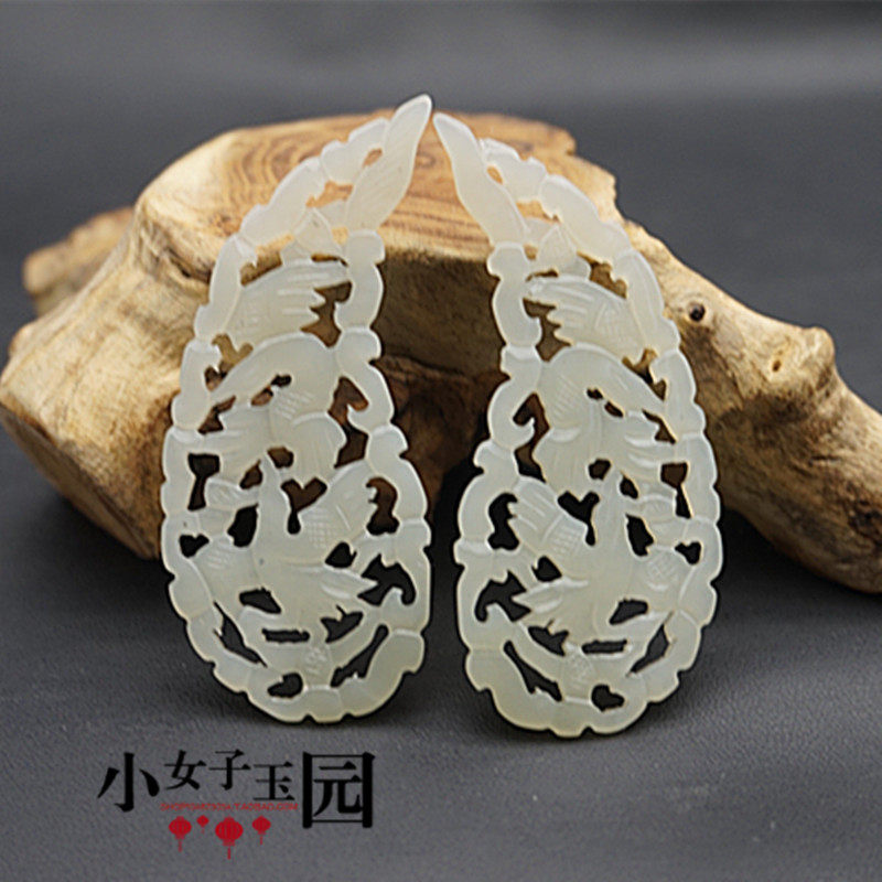 青白玉仿古辽金镂空雕刻仙鹤对玉