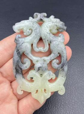 岫玉仿古龙凤吊坠挂件水墨灰色双龙玉佩玉坠挂件古风汉服玉腰佩