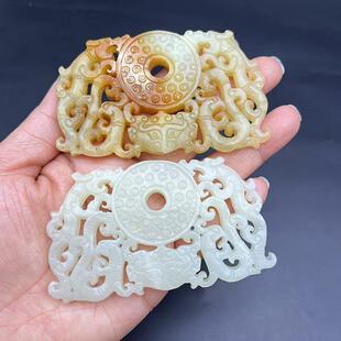 岫玉双面镂空雕刻仿古双龙凤吊坠挂件古风汉服腰佩兽面平安扣玉璧