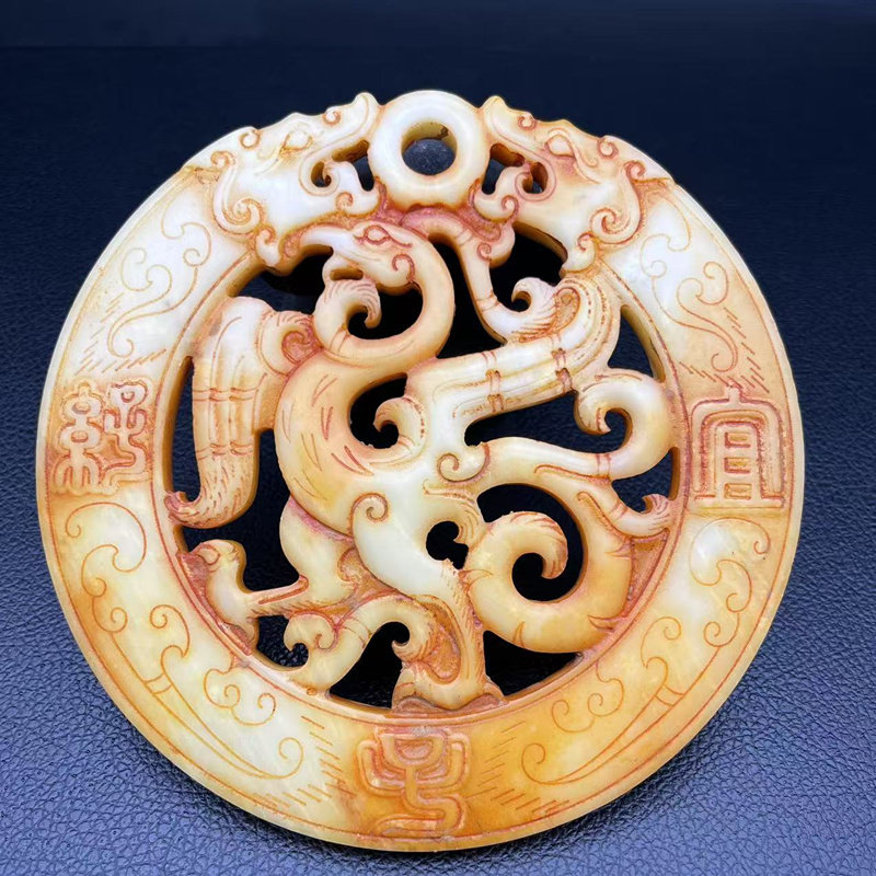 仿古做旧双龙玉佩玉璧复古双面镂空雕刻单凤圆璧摆件古风影视道具