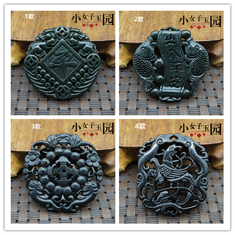 天然墨绿玉黑色双面镂空仿古玉挂件玉吊坠玉石玉佩手工配饰玉坠