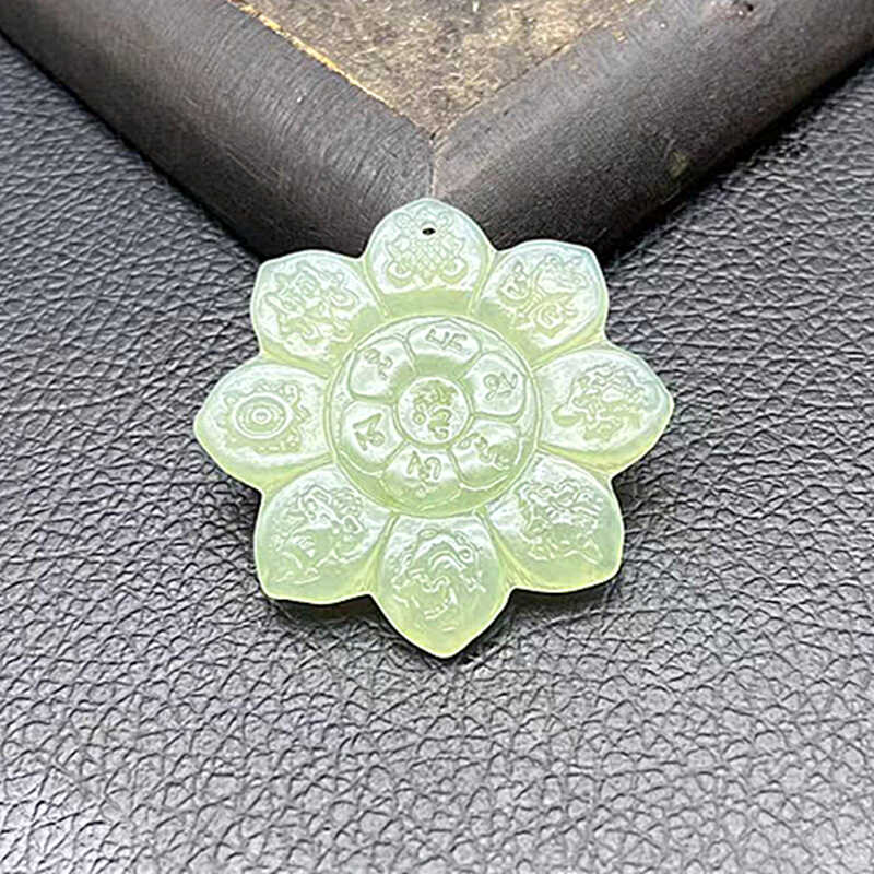 岫玉六字真言吊坠挂件仿古双面雕刻莲花玉佩玉坠颈饰项链坠玉配饰