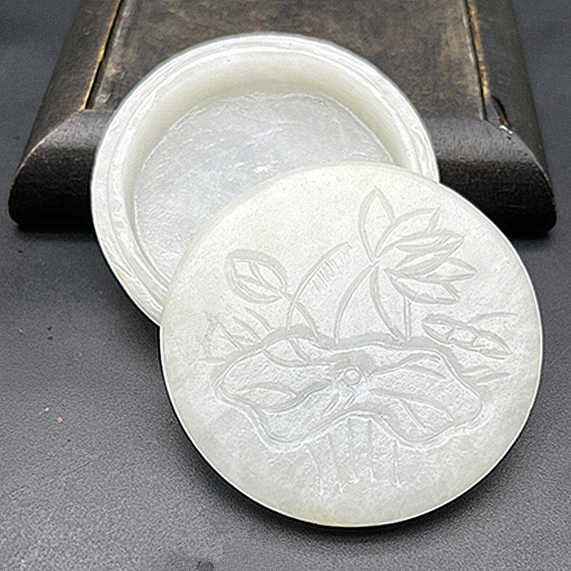 和田玉莲花粉盒胭脂盒首饰盒摆件古风收纳盒玉石玉器古玩玉器收藏