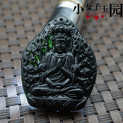 千手观音玉吊坠颈饰挂件天然玉石墨绿玉蛇纹石玉男款玉观音项链坠