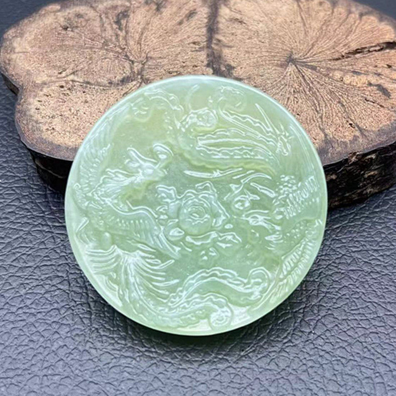 岫玉凤凰戏牡丹吊坠挂件仿古雕刻双凤玉佩玉坠颈饰汉服玉腰佩流苏