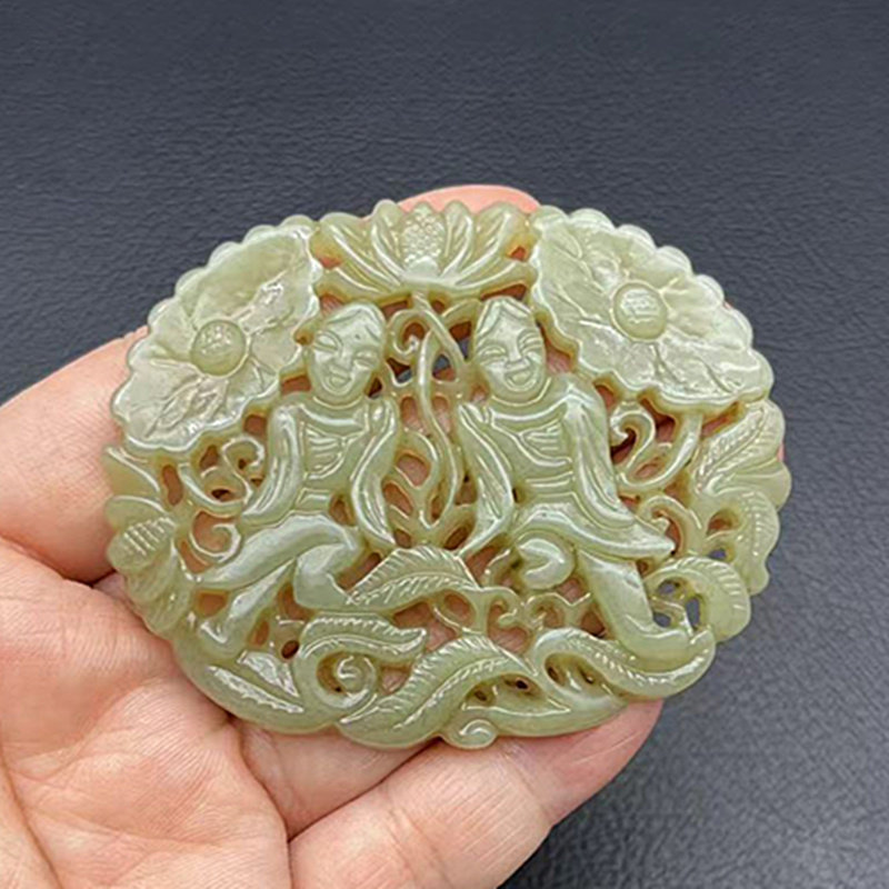 和田玉莲花童子吊坠挂件仿古做旧玉佩玉坠拉丝镂空雕刻古风玉腰佩