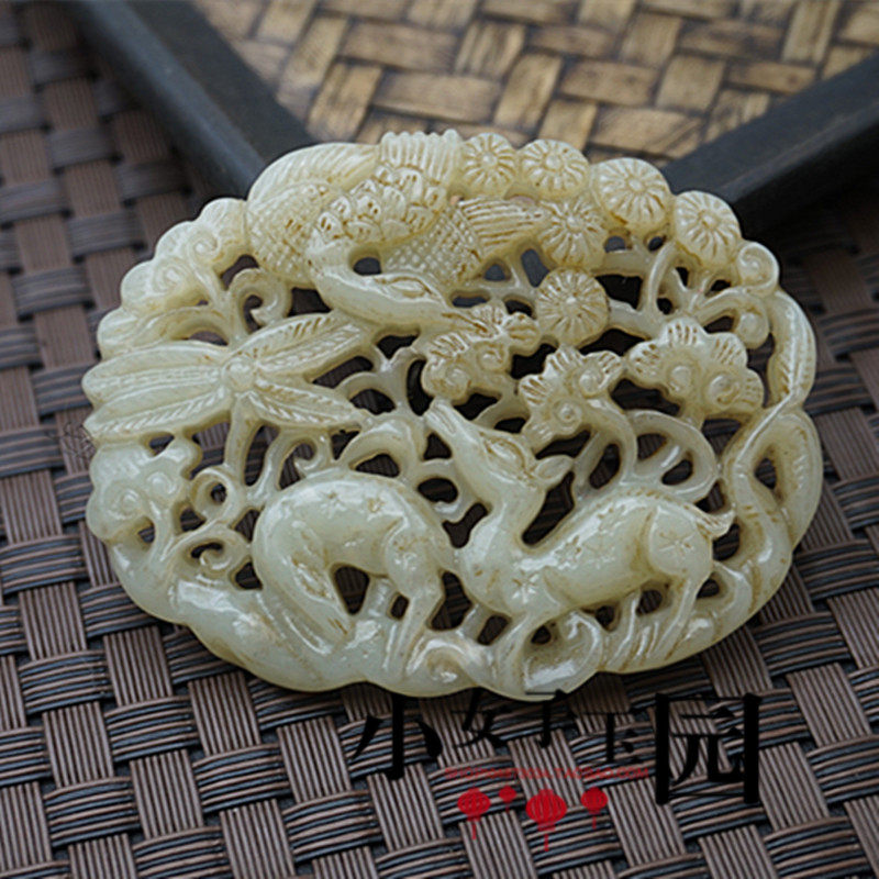仿明清 雕刻梅花鹿仙鹤玉佩玉坠和田玉镂空鹿合同春 松鹤延年挂件