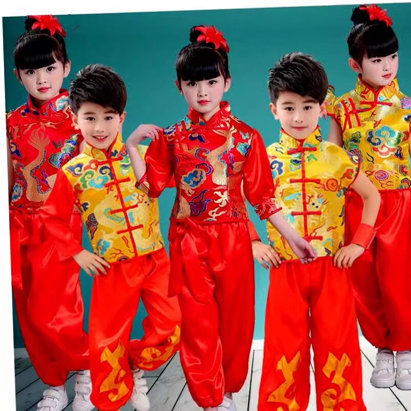 六一儿童中国红说唱喜庆风梦娃秧歌服幼儿女太平鼓民族舞蹈演出服