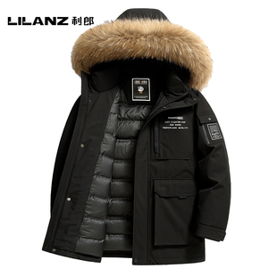 利郎鹅绒服中长款羽绒服工装男女士加厚派克服保暖大毛领冬外套