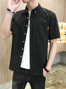 衬衫男士休闲短袖衬衣夏季港风日系格子短袖宽松条纹寸衫上衣潮