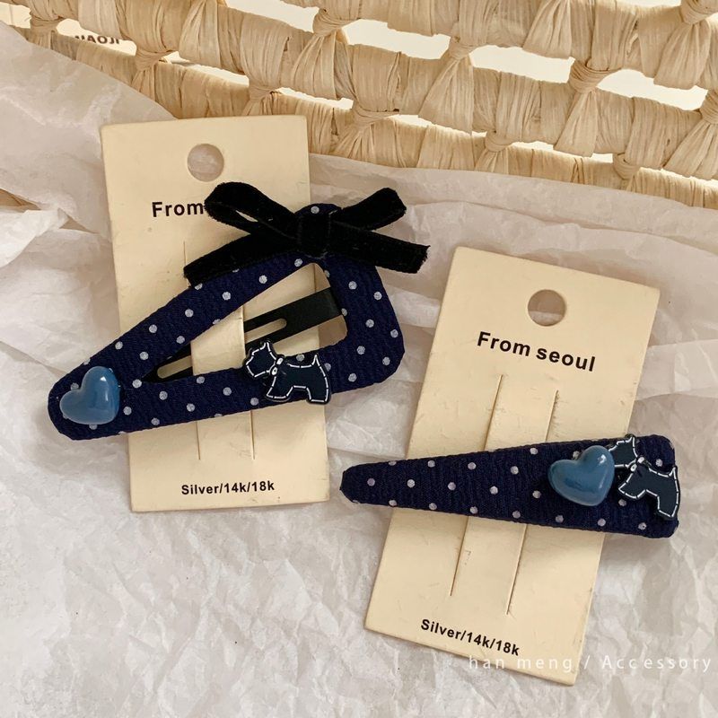 简约藏蓝色波点小狗蝴蝶结三角发夹韩系ins风百搭侧边刘海夹发饰