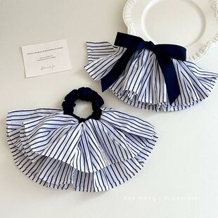 蓝色条纹裙摆大肠发圈发夹慵懒风韩系扎头发百搭头绳超大发夹发饰