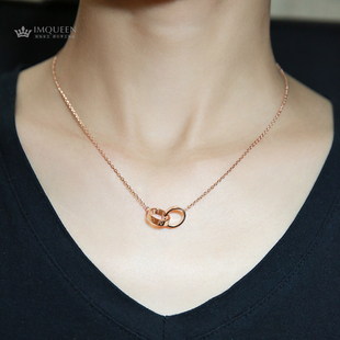 彩金520情人节礼物 细颈链钛钢玫瑰金吊坠时尚 双环项链女短款 锁骨