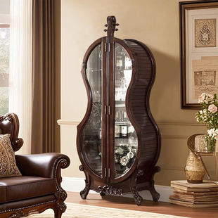 美式大提琴酒柜展示柜高档欧式雕花复古艺术柜实木双门玻璃装饰柜