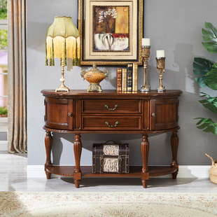 美式全实木玄关桌简美半圆玄关台靠墙走廊玄关柜储物装饰柜整装
