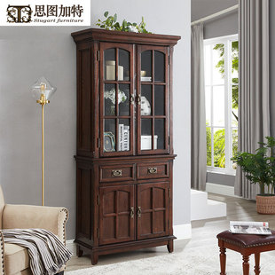 简约美式全实木酒柜双门靠墙餐边柜玻璃酒柜欧式碗碟柜储物柜书柜