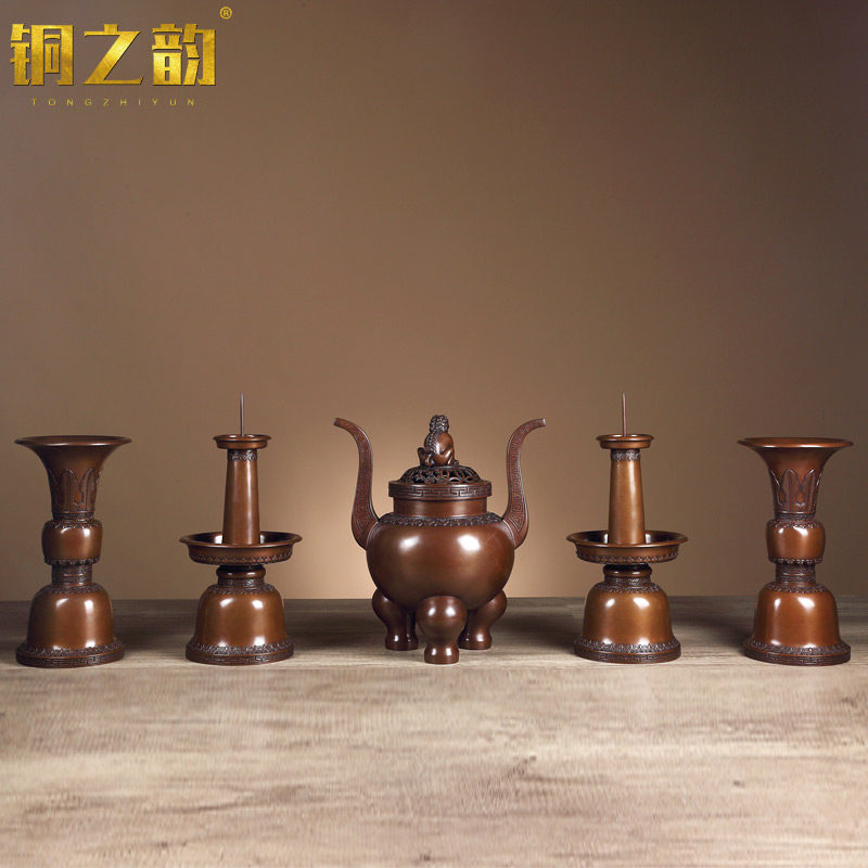 纯手工紫铜五供佛具一套香炉花瓶烛台用品佛前家居室内工艺品装饰