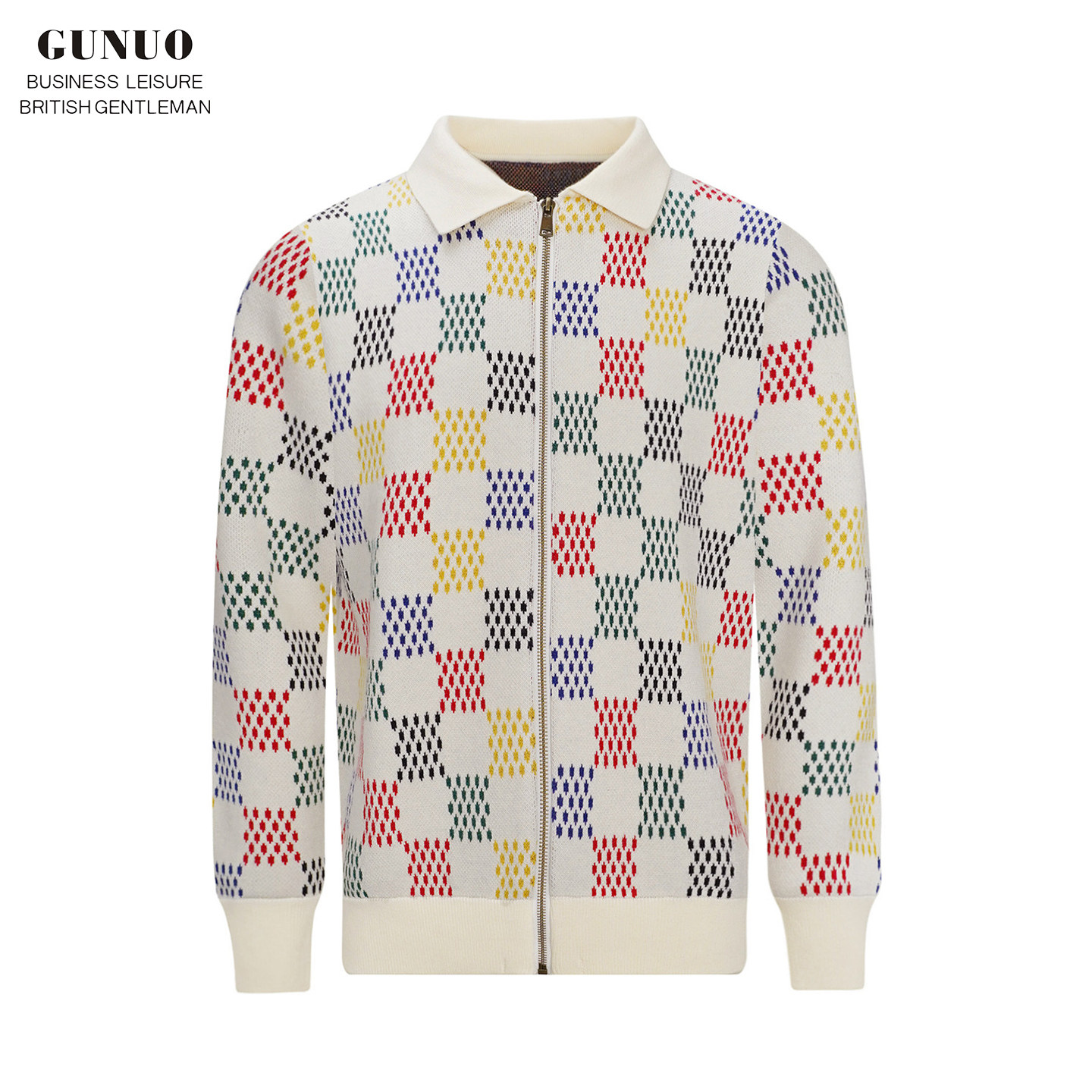 开衫针织衫翻领菱格拼色毛衣外套