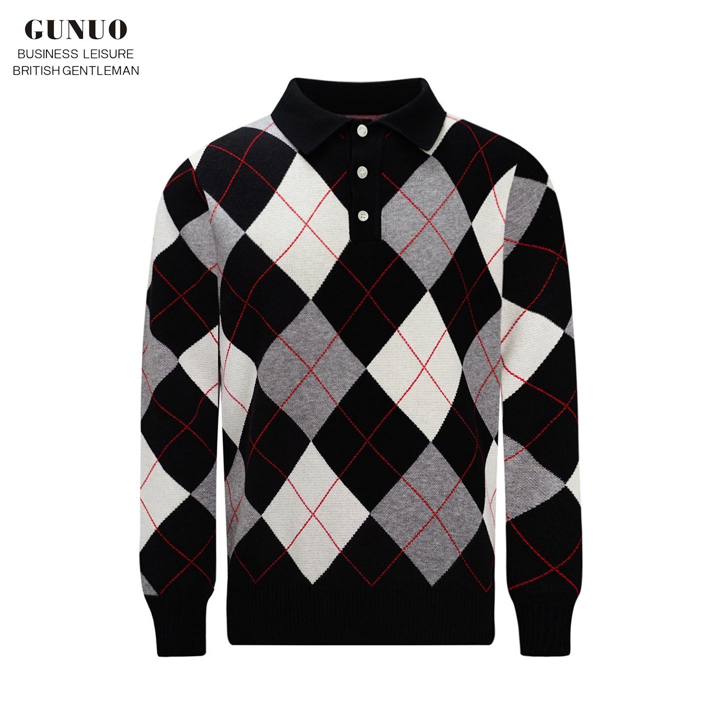 秋冬长袖时尚商务菱格拼色polo衫