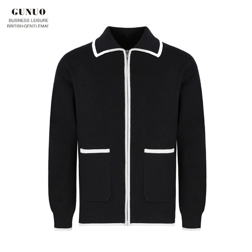 开衫条纹撞色翻领保暖毛衣外套