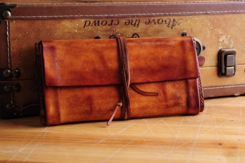 手工定制  生日礼物 情人礼物 长款做旧钱包   真皮 头层牛皮