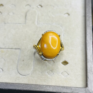 天然蜜蜡12X16MM戒指女款琥珀925银镶嵌满蜜老蜜鸡油黄复古款活口