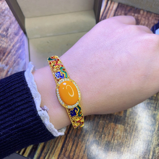 天然老蜜13X18MM蜜蜡蛋面925银镶嵌新中式国风手镯景泰蓝复古民族