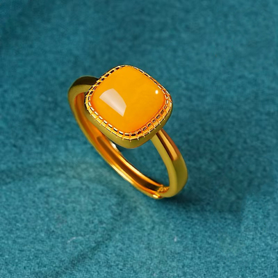 天然蜜蜡戒指小方7MM琥珀925银镶嵌满蜜老蜜鸡油黄时尚女款活口