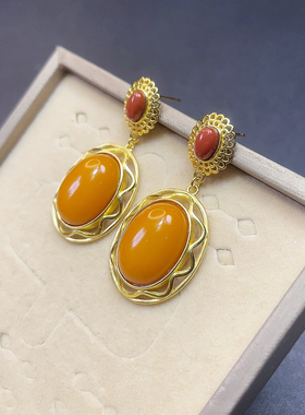 天然蜜蜡耳钉13x18MM椭圆S925银耳坠琥珀鸡油黄老蜡耳饰耳钉时尚