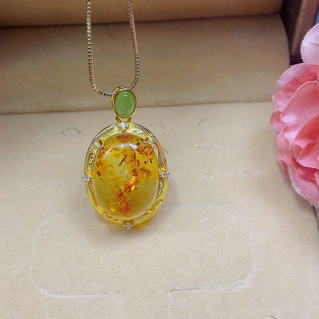 天然花珀15X20MM吊坠锁骨项坠/吊坠