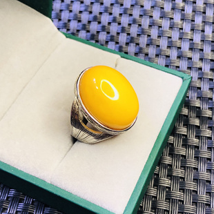 S925银镶嵌天然蜜蜡15X20MM戒指鸡油黄指环饰品琥珀活扣设计精致