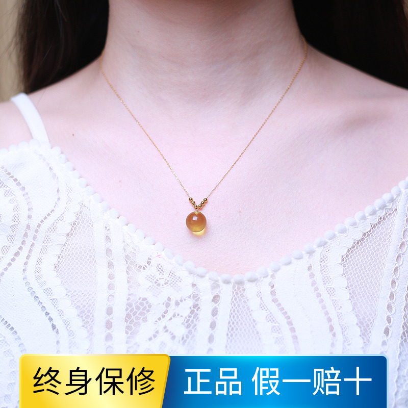 18k金项链天然高蓝蓝珀吊坠锁骨项链天然墨西哥强光珠子配饰链子