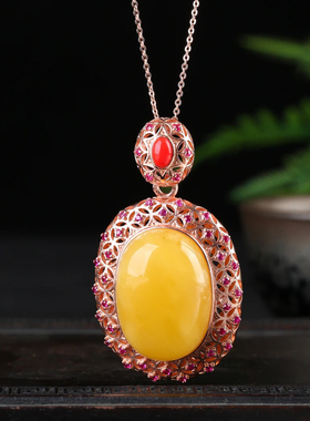 天然鸡油黄蜜蜡20X28MM蛋形s925银玫瑰金色吊坠原矿宫廷复古琥珀