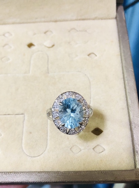 925银镶嵌天然蓝托帕石12X10MM戒指活动圈口可调节送礼首选保真
