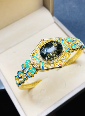 天然原矿绿珀12X16MM蛋面925银镀金镶嵌新中式国风手镯景泰蓝民族