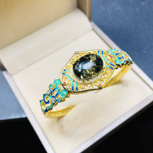 天然原矿绿珀12X16MM蛋面925银镀金镶嵌新中式国风手镯景泰蓝民族