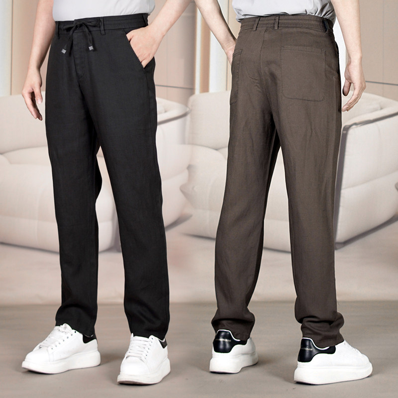 天丝亚麻商务直筒修身型长裤子系带休闲裤男中老年爸爸春夏季薄款