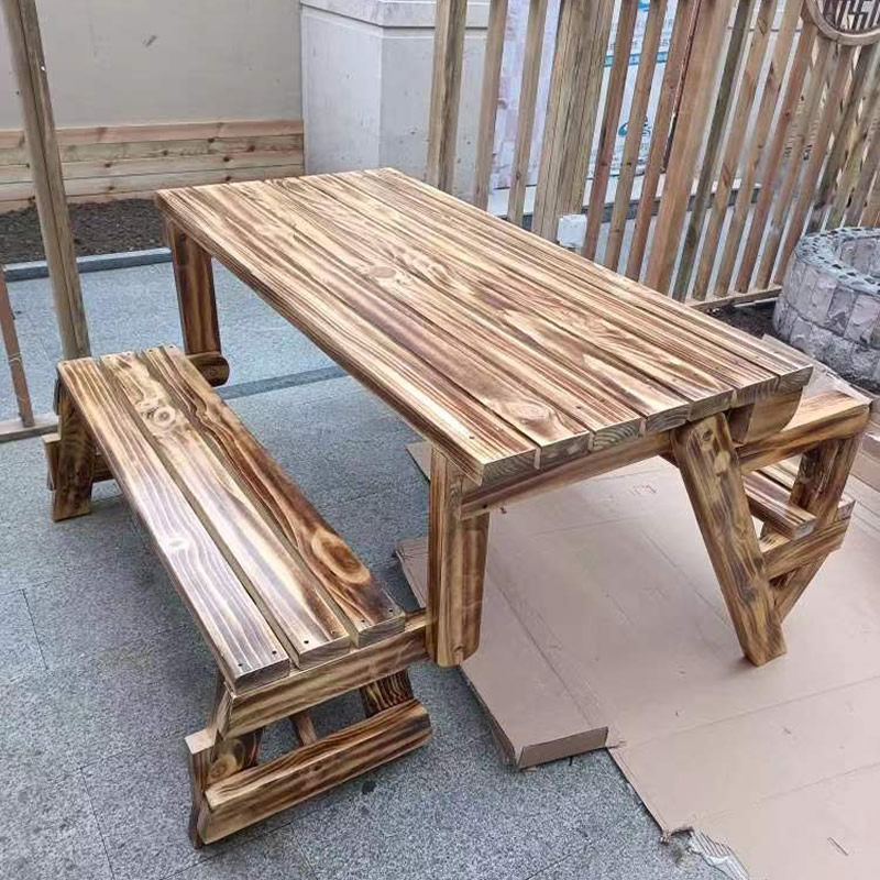阳台休闲桌椅创意家用小户型不怕晒户外露台碳化木实木连体折叠桌_虎窝淘